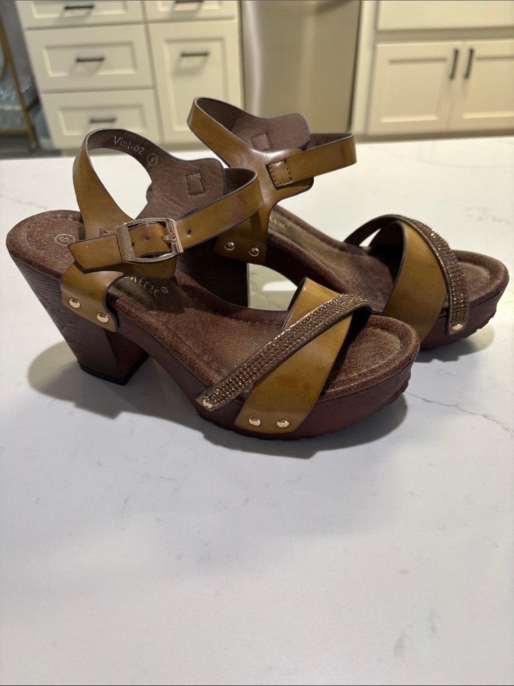 Nature Breeze Tan Wedge Sandals with Rhinestone Accent - Picture 2 of 6